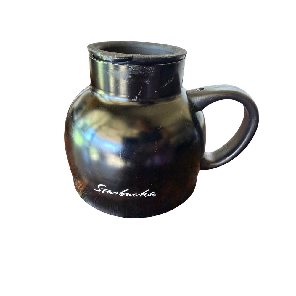 Starbucks Travel Mug Black Wide Bottom Stainless Steel Enamel Lid Handle